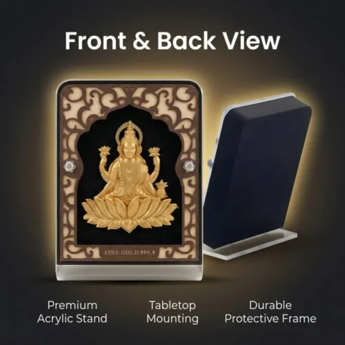 Back view highlighting the premium acrylic stand and tabletop mounting of the large 24k pure gold foil lakshmi frame