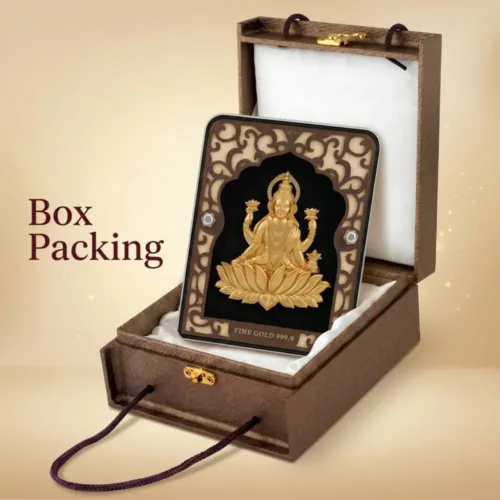Premium brown gift box packaging of the large pure 24k gold foil laxmi idol with acrylic frame for corporate gifting
