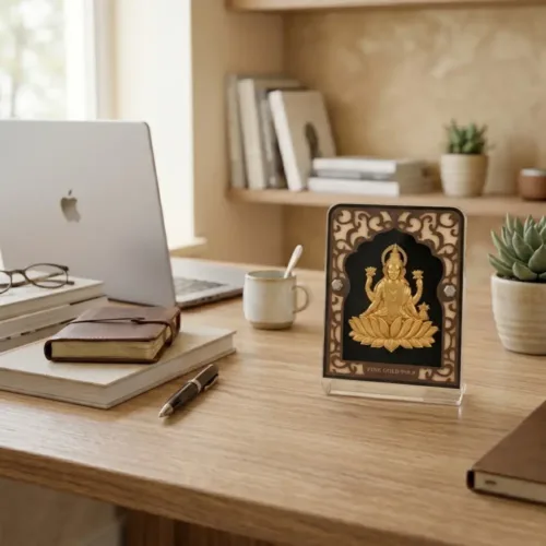 Beautiful large 24kt gold laxmi frame placed elegantly on an executive office desk to attract wealth and prosperity