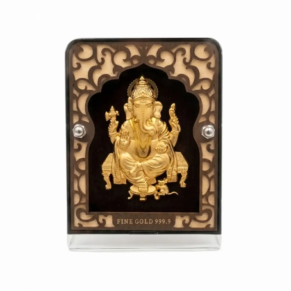 Buy 24K Pure Gold Foil Ganesh Frame Online Front view of large 24K Pure Gold Foil Ganesh Frame featuring authentic 999.9 fine gold purity