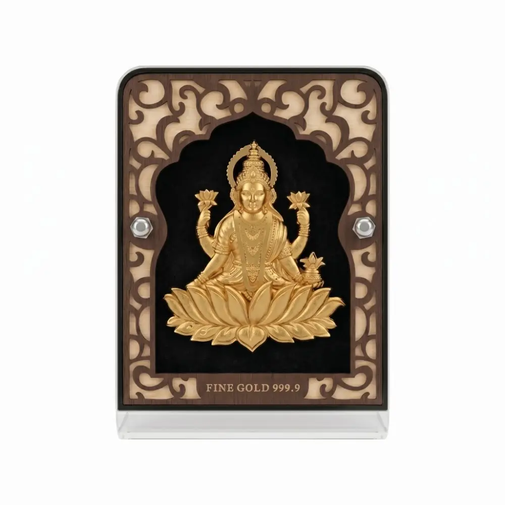 Buy Large 24K Pure Gold Foil Lakshmi Frame Online Front view of large 24K pure gold foil lakshmi frame featuring authentic 999.9 fine gold purity