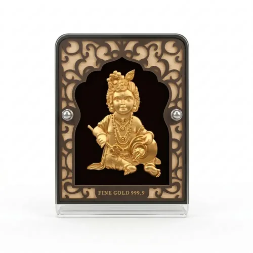 Front view of authentic 24K pure gold foil laddu gopal frame featuring 999.9 fine gold purity