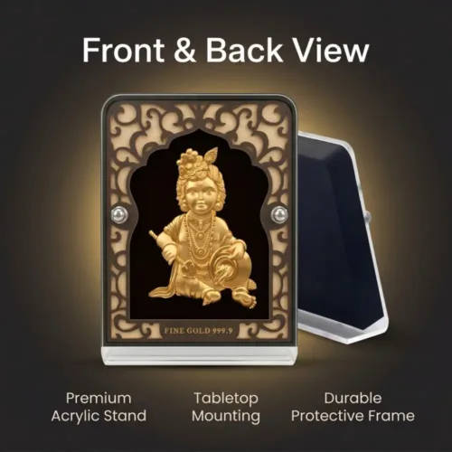 Back view highlighting the premium acrylic stand and tabletop mounting of the 24k pure gold foil laddu gopal frame
