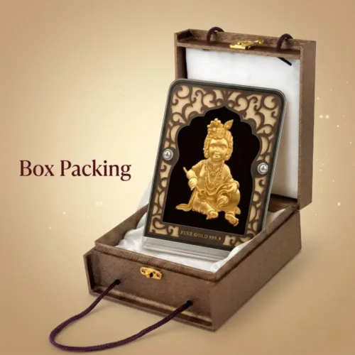 Premium brown gift box packaging of the pure 24k gold foil baby krishna frame for baby shower gift and naming ceremonies