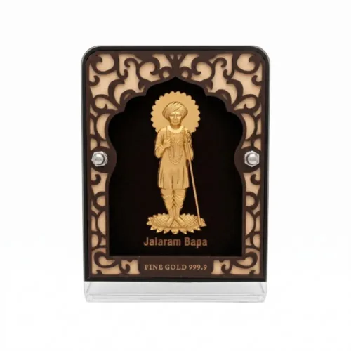 Front view of authentic 24K pure gold foil jalaram bapa frame featuring 999.9 fine gold purity