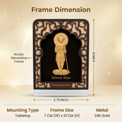 Outer dimensions and size details of the 2.75x4 inch pure 24k gold foil jalaram bapa idol with acrylic frame for shop and home mandir