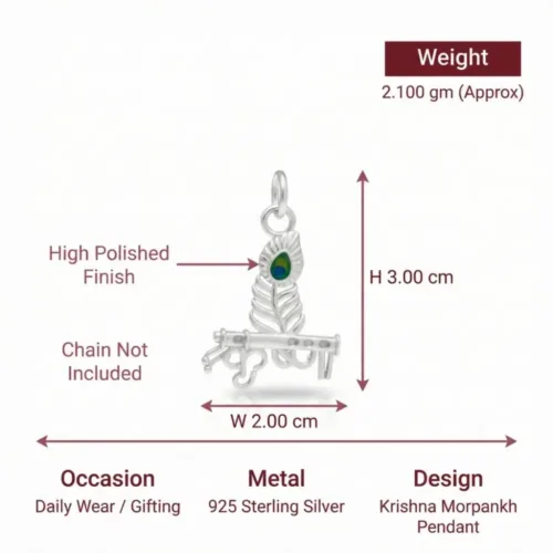 Dimensions infographic of the mor pankh locket silver displaying 3.00 cm height, 2.00 cm width, and 2.100 gm weight. Note: Chain not included.