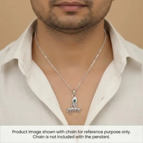 Man styling the mor pankh locket silver to showcase the neckline fit. Displayed with a chain for reference purposes only; chain is not included.