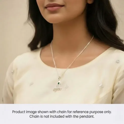 Woman gracefully wearing the Silver Krishna Morpankh Pendant. Product is shown with a chain for visual reference only; chain is not included with the pendant.