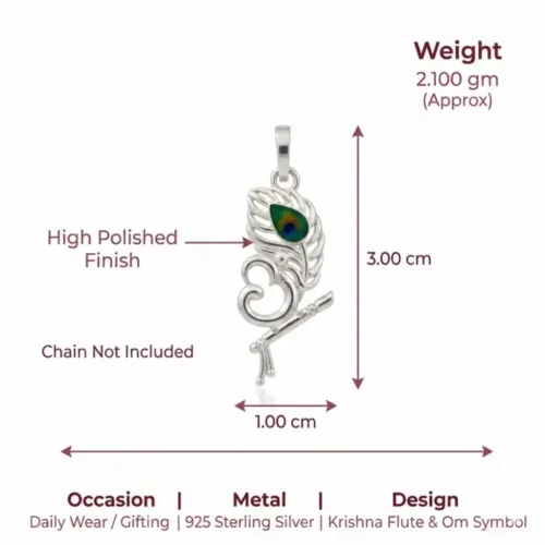 Dimensions infographic of the Silver Krishna Om Pendant, showing 3.00 cm height, 1.00 cm width, and 2.100 gm weight. Note: Chain not included.