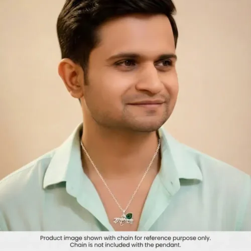 Man wearing the krishna name locket silver to showcase the neckline fit. Product image shown with a chain for reference purposes only; chain is not included.