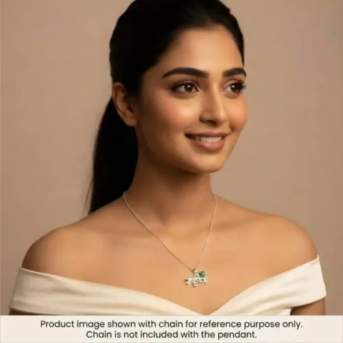 Woman gracefully styling the Silver Krishna Name Pendant. Displayed with a chain for reference only; chain is not included with the standalone pendant.