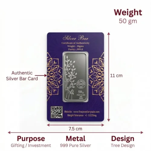 Authentication card size and purity details to securely buy 999 pure silver bar 50 gram online