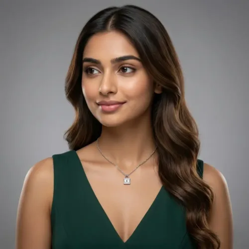 Elegant Indian woman wearing the 925 silver lock pendant necklace women paired with a chic green dress