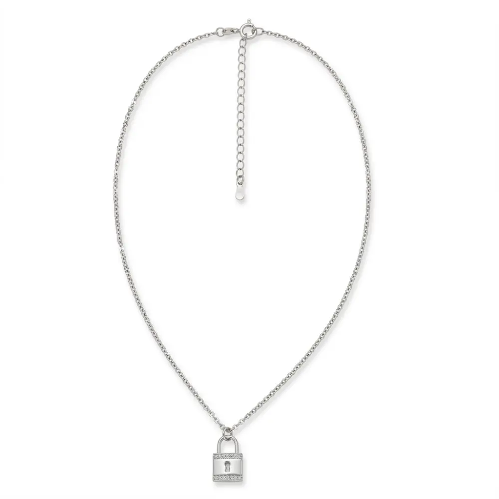 Silver Lock Pendant with Adjustable Chain Full top view showing the secure clasp and adjustable link chain of the Lock Necklace for Women