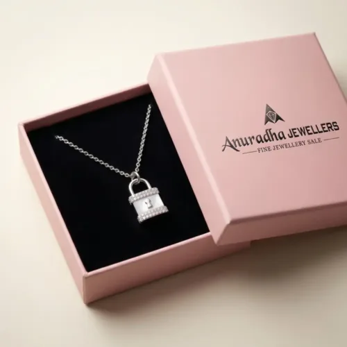 Premium pink Anuradha Jewellers box presenting the beautiful 925 silver padlock pendant necklace making it a perfect gift