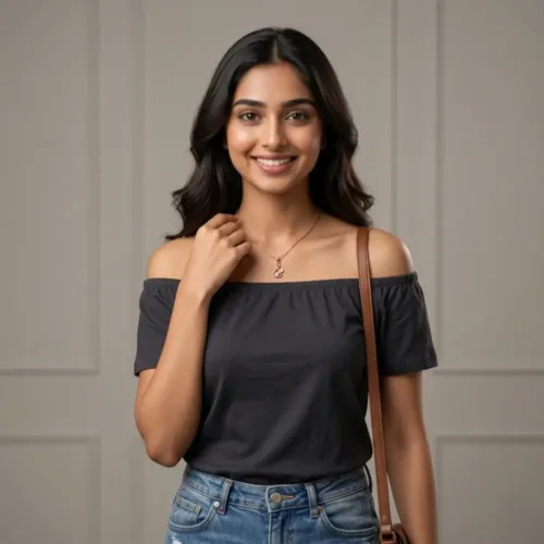 Elegant Indian woman wearing the rose gold pendant necklace for women paired with a stylish black off-shoulder top