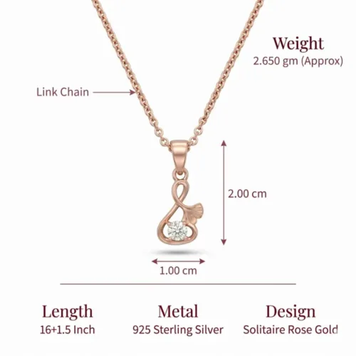 Exact size, weight, and chain length dimensions of the single stone rose gold pendant daily wear