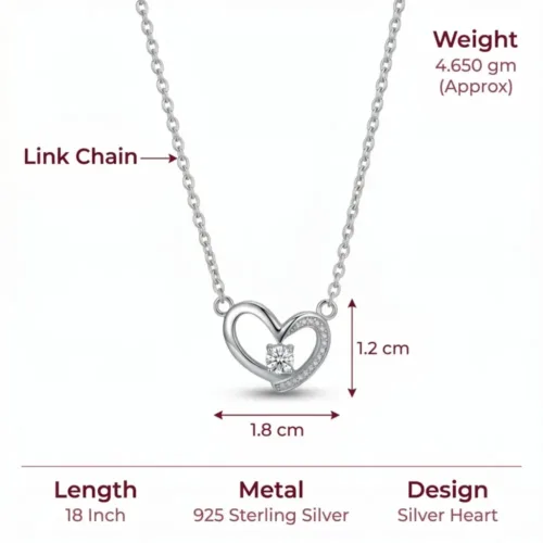Exact size, weight, and 18-inch chain length dimensions of the 925 silver heart necklace for women