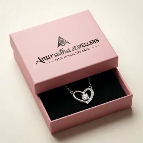 Premium pink Anuradha Jewellers gift box making it the perfect pure silver heart necklace gift for girlfriend or wife