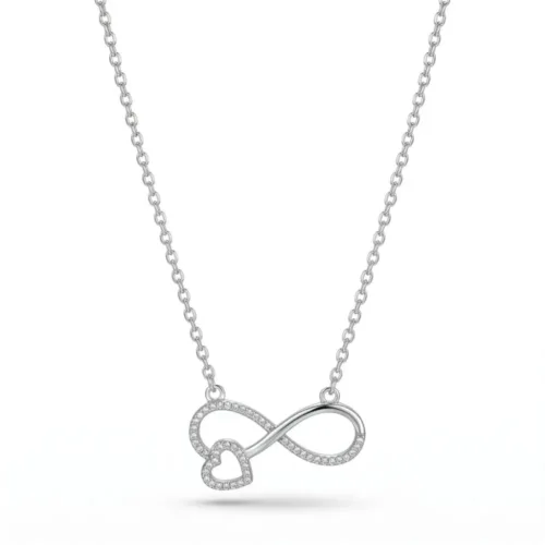 Close-up view of the 925 silver infinity heart necklace featuring pave-set sparkling crystals