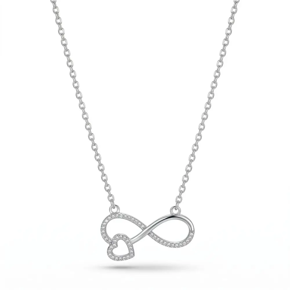 925 Silver Infinity Heart Necklace Close-up view of the 925 silver infinity heart necklace featuring pave-set sparkling crystals