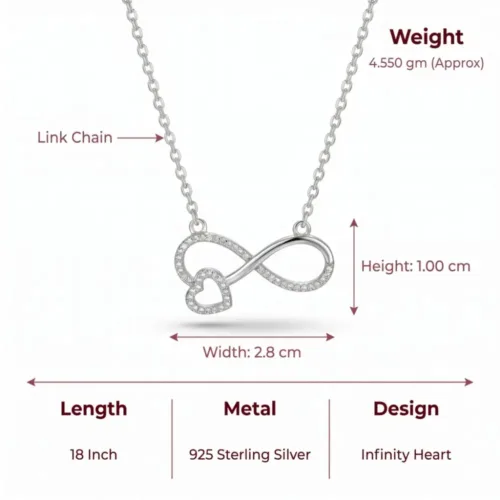 Exact size, weight, and chain length dimensions of the 925 silver infinity heart necklace