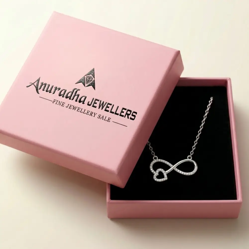 Pure Silver Infinity Heart Necklace Gift Box Premium pink Anuradha Jewellers box making it the perfect pure silver infinity heart necklace gift for girlfriend or wife