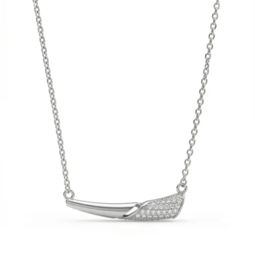 Close-up view of the 925 silver dainty necklace for women featuring a modern curved bar design with pave crystals