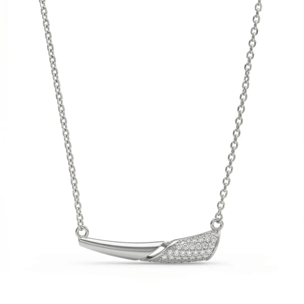 925 Silver Dainty Necklace for Women Close-up view of the 925 silver dainty necklace for women featuring a modern curved bar design with pave crystals