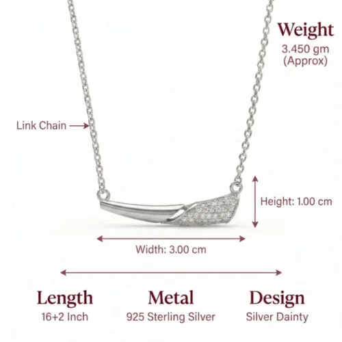 Exact size, weight, and chain length dimensions of the pure silver dainty necklace for daily wear