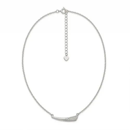 Full top view showing the secure clasp and adjustable 16 to 18 inch chain of the dainty silver curved bar necklace