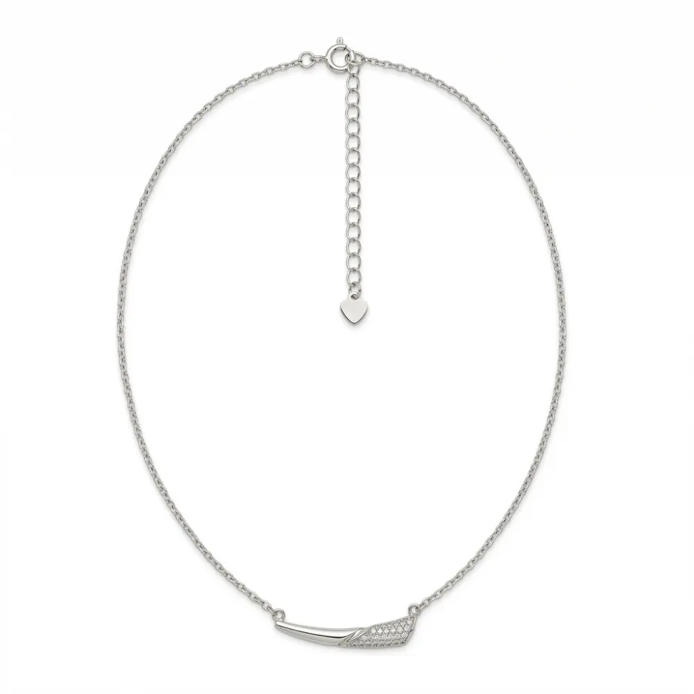 Silver Curved Bar Pendant with Adjustable Chain Full top view showing the secure clasp and adjustable 16 to 18 inch chain of the dainty silver curved bar necklace