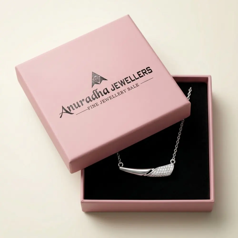 Pure Silver Dainty Necklace Gift Box Premium pink Anuradha Jewellers box presenting the minimalist silver necklace for office wear making it a perfect gift