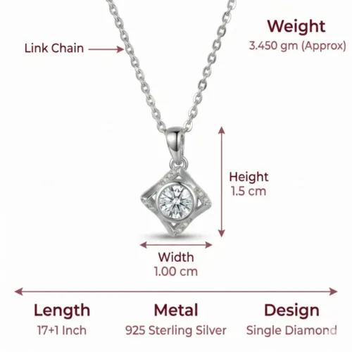 Exact size, weight, and chain length dimensions of the square single stone necklace silver