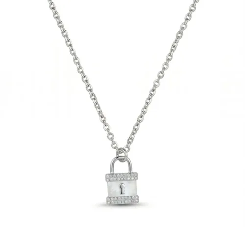 Close-up view of the 925 silver padlock pendant necklace featuring a white mother of pearl inlay and pave crystals