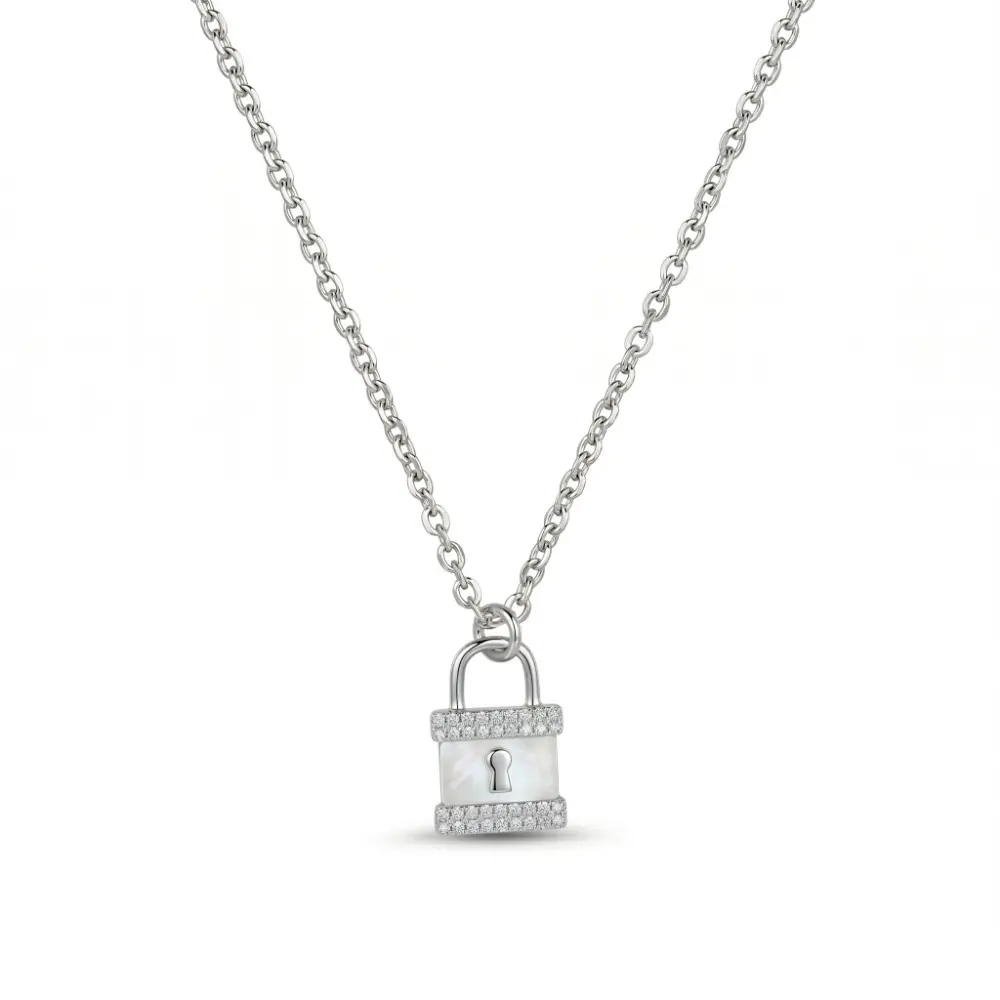 925 Silver Padlock Pendant Necklace Close-up view of the 925 silver padlock pendant necklace featuring a white mother of pearl inlay and pave crystals