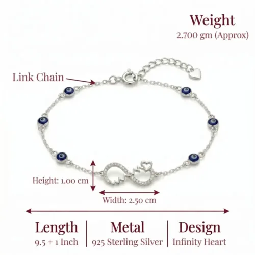 Size weight and dimension details of the evil eye bead anklet silver design showing its adjustable link chain