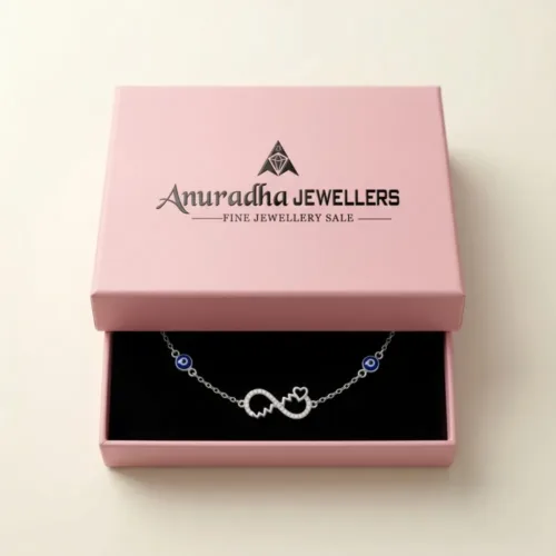 Beautifully packed in a premium pink Anuradha Jewellers box making it the perfect evil eye anklet gift for women