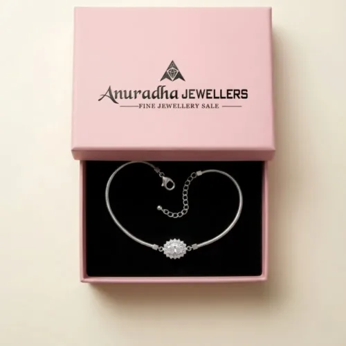 Beautifully packed inside the Anuradha Jewellers pink gift box making this modern crystal payal silver perfect for gifting