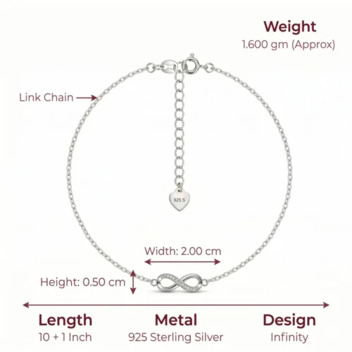 Exact size weight and dimension details of the authentic 925 silver infinity payal showing the hallmark tag