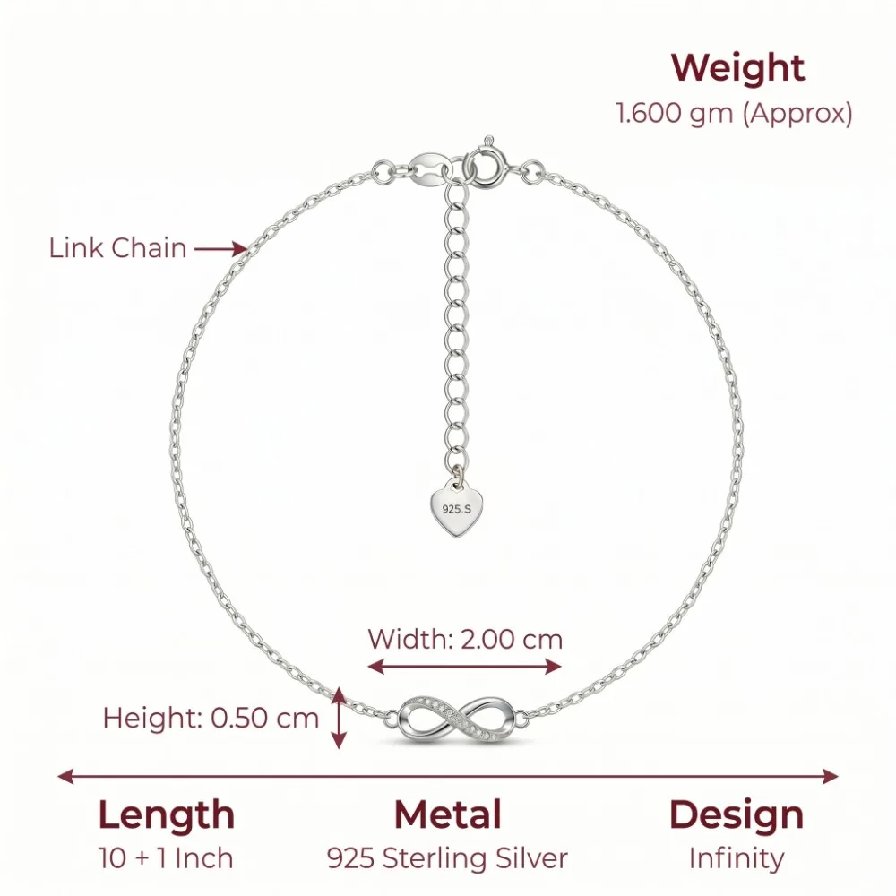 925 Silver Infinity Payal Exact size weight and dimension details of the authentic 925 silver infinity payal showing the hallmark tag