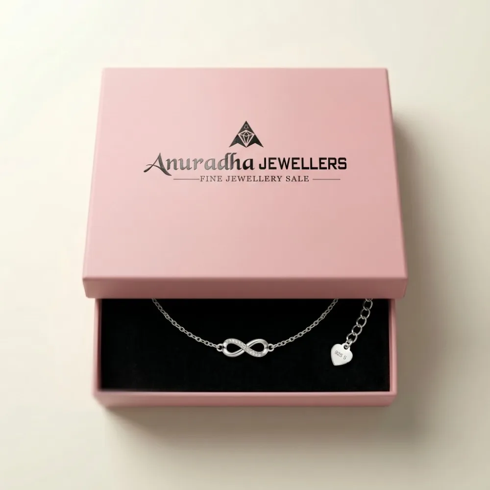 Silver Infinity Anklet Gift For Women Beautifully packed inside the premium pink Anuradha Jewellers box making it the perfect silver infinity anklet gift for women