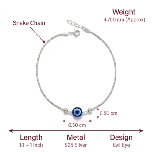 Exact size weight and dimension details of the traditional evil eye payal silver showing the 925 purity mark