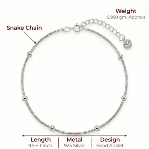 Exact size weight and design specifications of the minimal silver beaded payal showing the snake chain details