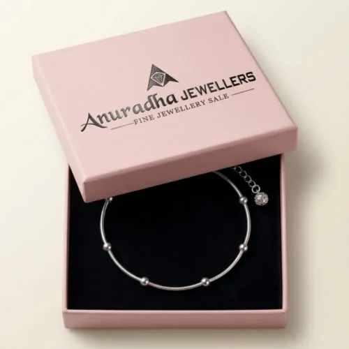 Premium packaging inside the signature pink Anuradha Jewellers box making it the perfect silver beaded anklet gift