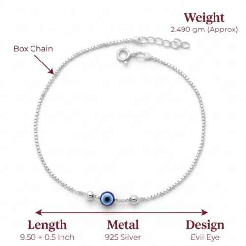 Exact size weight and dimension details of the authentic evil eye payal silver showing the sturdy box chain structure