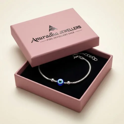 Beautifully packed inside the signature pink Anuradha Jewellers box making it the perfect blue evil eye bead anklet silver 925 for gifting