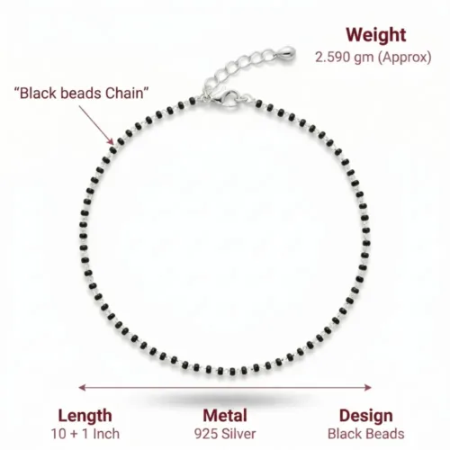 Exact size weight and design specifications of the traditional black bead nazariya payal showing the chain details