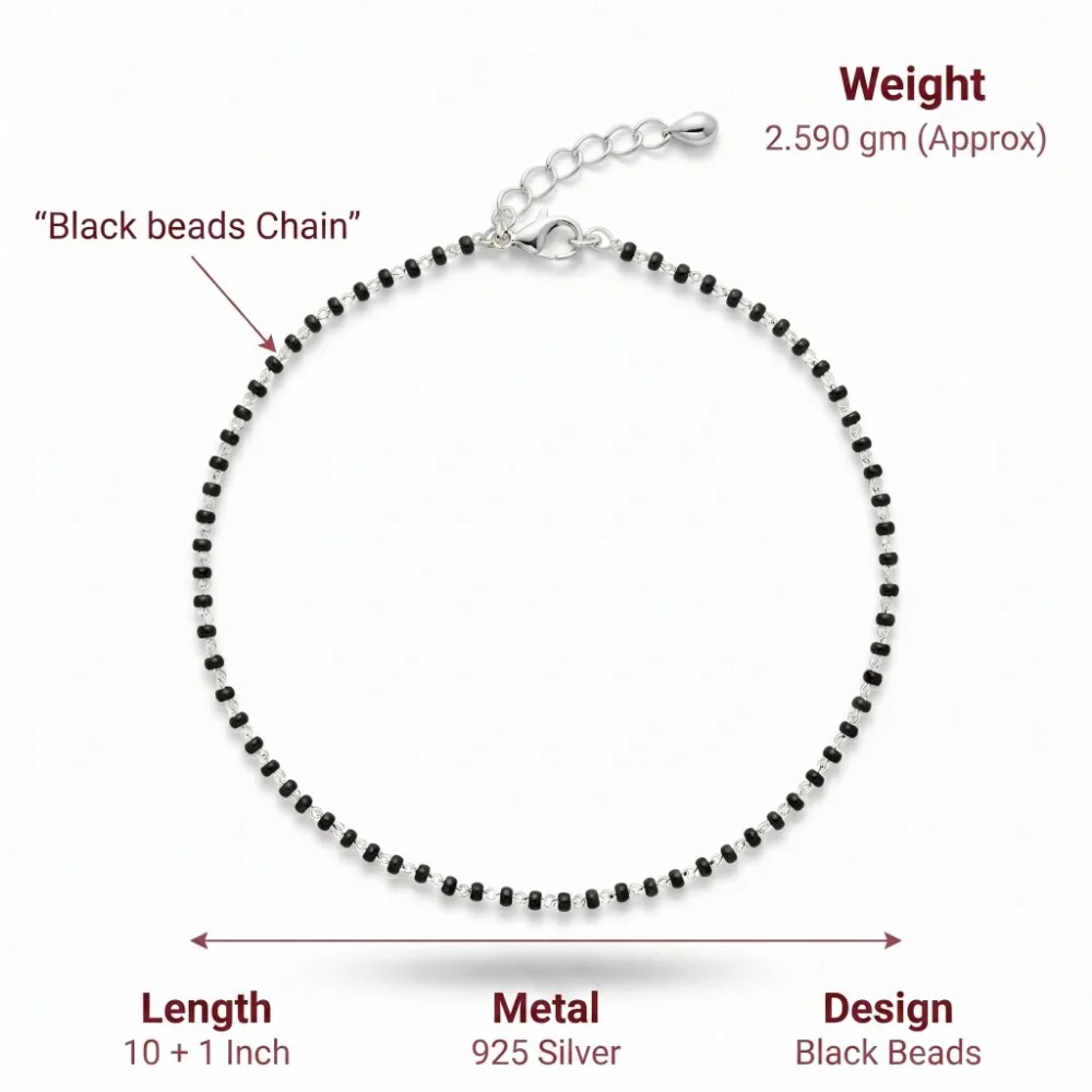 Black Bead Nazariya Payal Exact size weight and design specifications of the traditional black bead nazariya payal showing the chain details